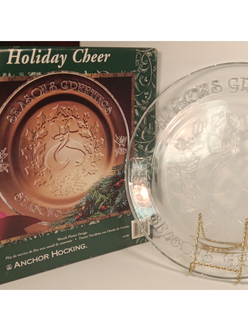 Anchor Hocking Holiday Cheer Clear Glass Wreath Round Serving Platter Boxed
